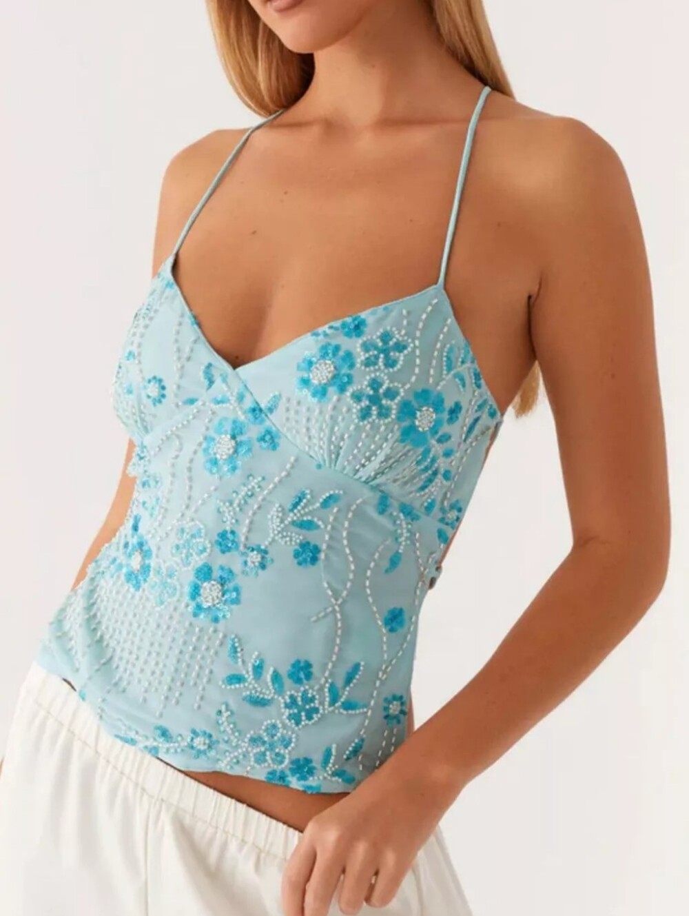 🌸Blue Embroidered Beaded Tie Back Halter Cami Top